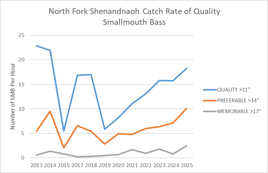 北堡 Shenandoah 河品質小嘴巴的捕獲率按年劃分的線圖。