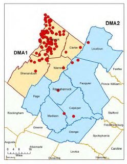 一張地圖圖像,顯示了在鹿中發現 CWD 的位置,這主要是在 DMA1中,在 DMA2 中有一些孤立的病例