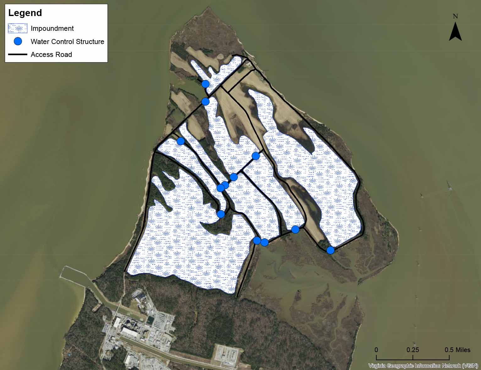 豬島的地圖,包括周圍的通道和內部濕地埋地,通過幾個水管控結構進行管理,這些通過連接到島嶼周圍的較大水體進行管理