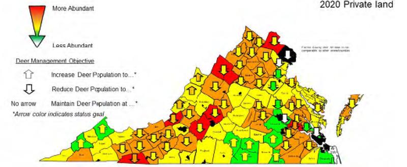 每個縣的 2020 鹿群的地圖,並顯示每個縣的箭頭,指出人口是否增加,減少或穩定。
