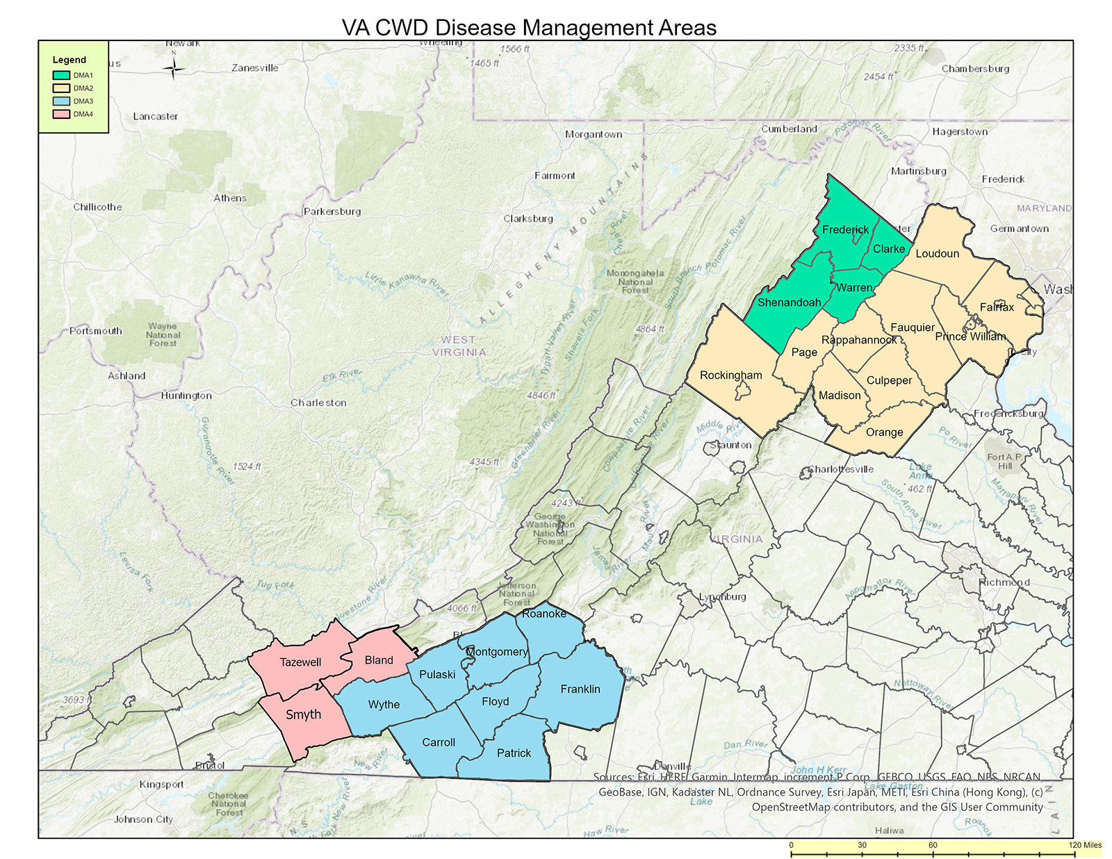 Virginia的地圖，其中某些西部州以不同的顏色標示。