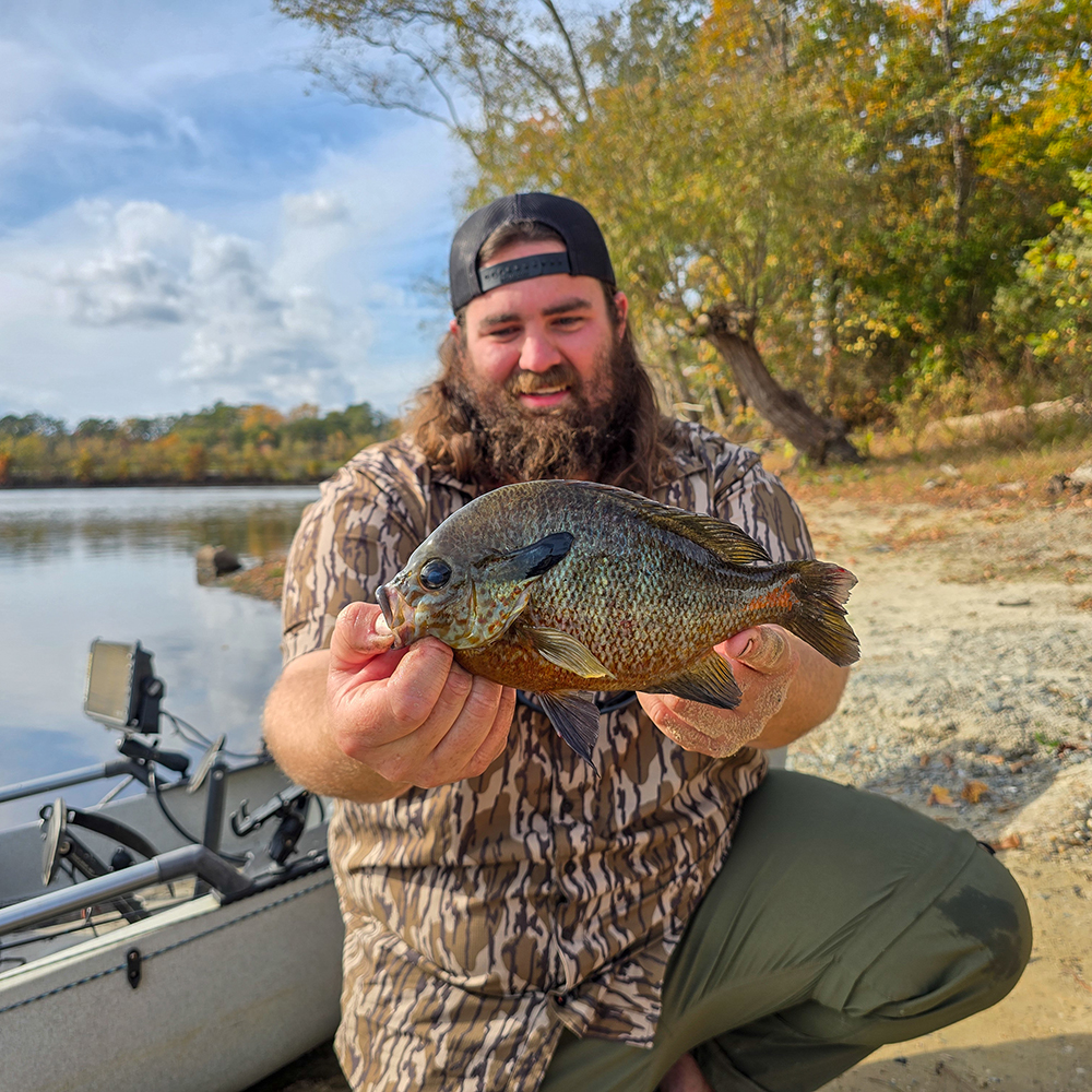 一張男子在岸邊獨木舟前膝蓋著，抱著一隻大型紅胸太陽魚微笑的照片。