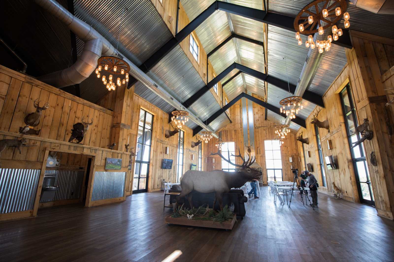 一張大型開放式建築內部的照片，擁有被破壞的野生動物和大窗戶。