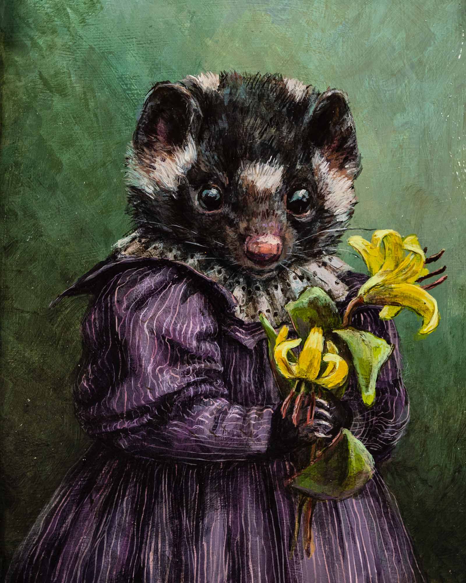 身穿紫色衣服並手持黃色花朵的小型哺乳動物畫作。