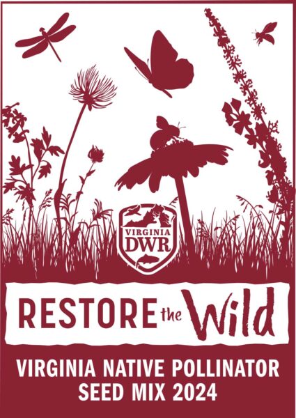 一包棕色紙種子，標籤為恢復野生：弗吉尼亞原生粉體種子混合物