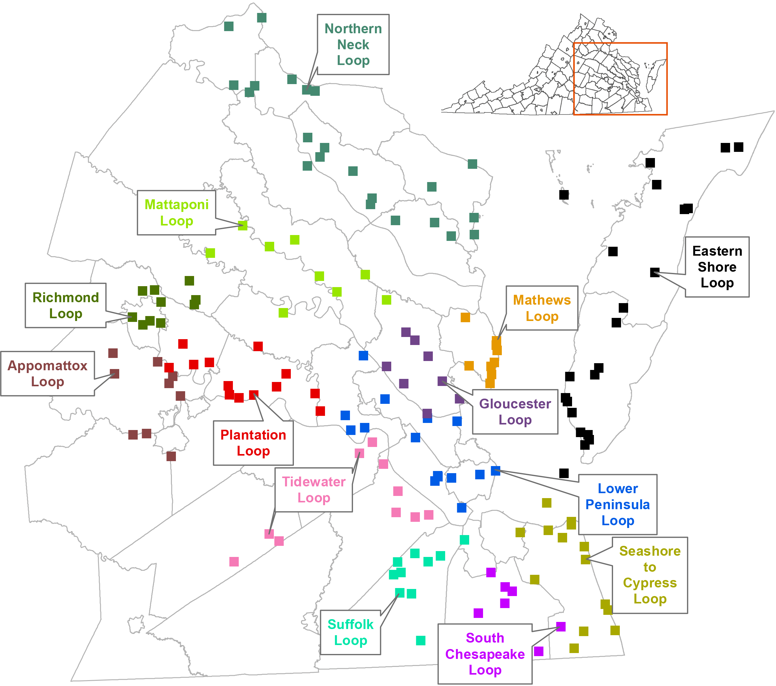 維吉尼亞州地圖，顯示了弗吉尼亞鳥類和野生動物小徑循環