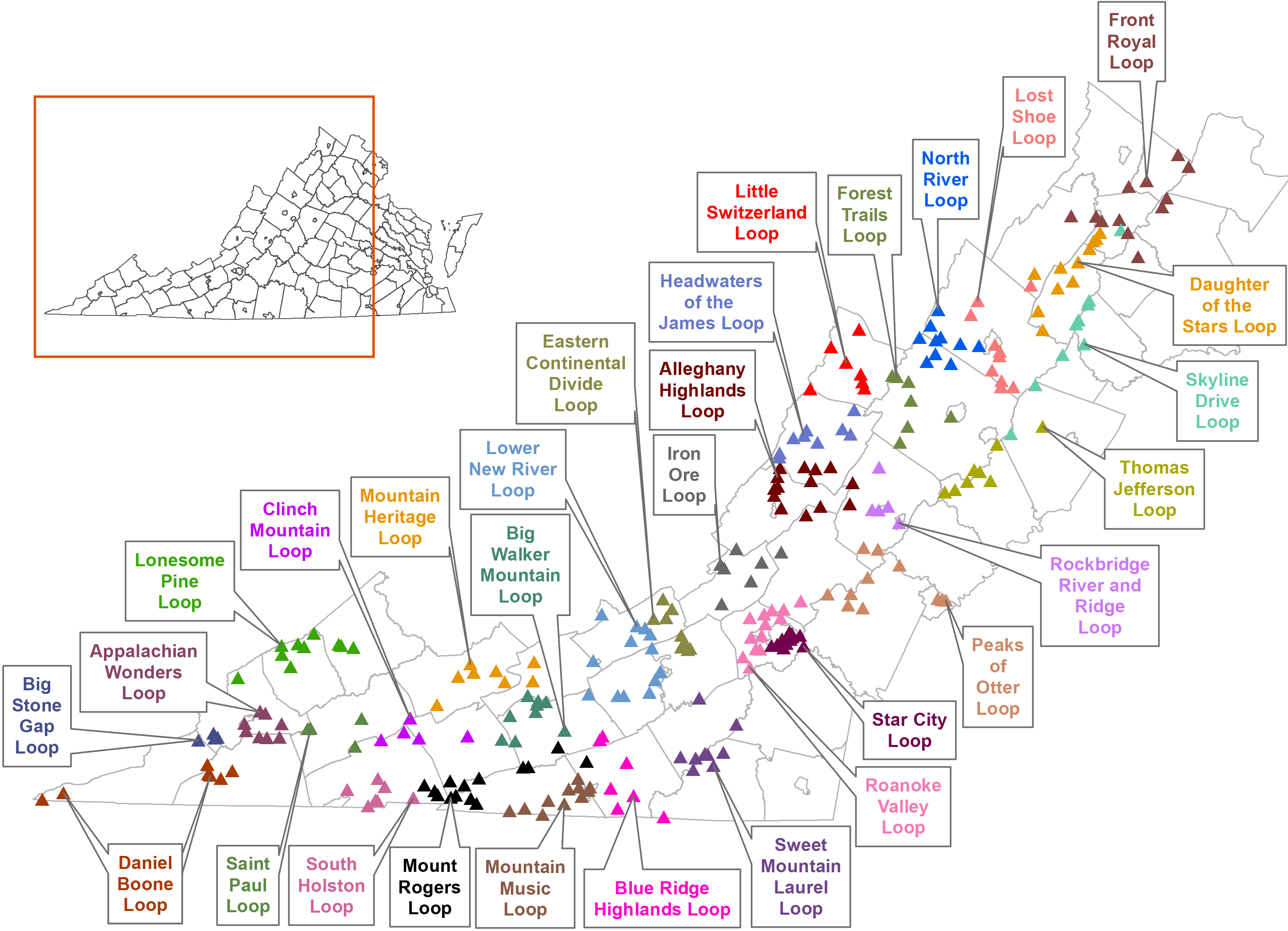 維吉尼亞州地圖，顯示了弗吉尼亞鳥類和野生動物小徑循環