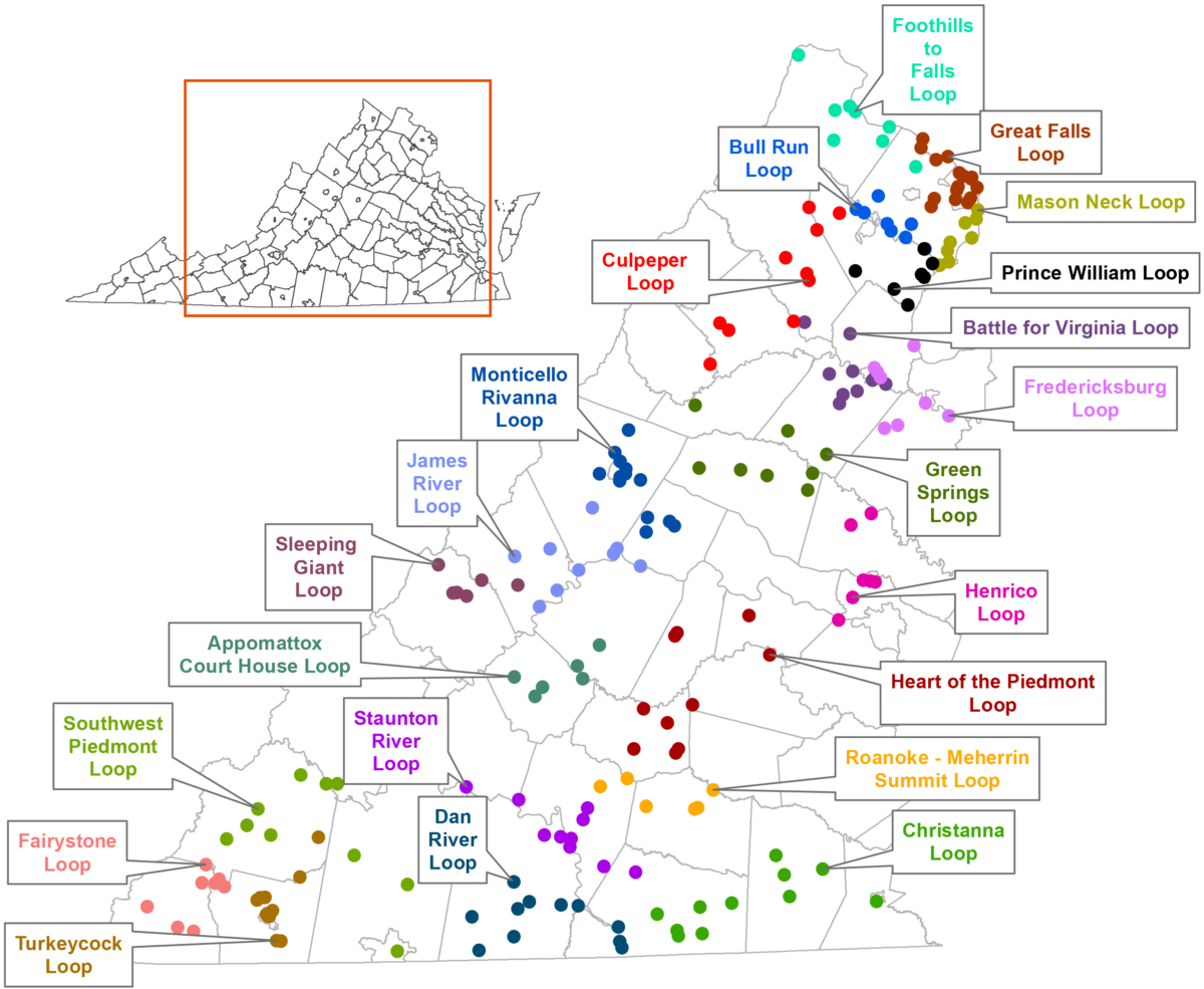 維吉尼亞州地圖，顯示了弗吉尼亞鳥類和野生動物小徑循環