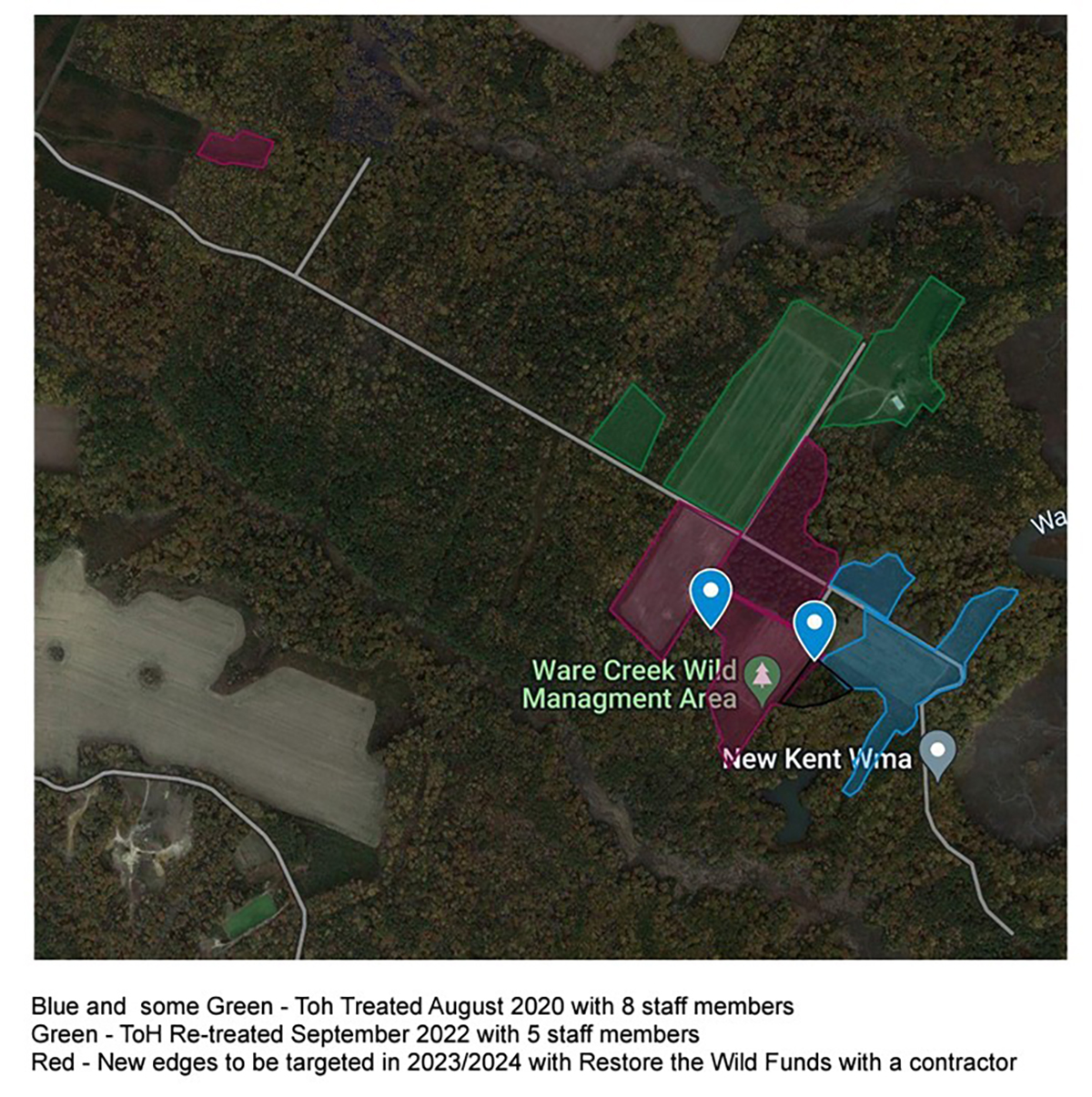 三種不同的治療計劃以及它們將在韋爾溪 WMA 發生的地圖