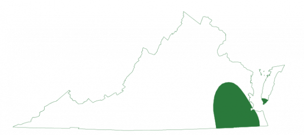 中大西洋沿岸豹蛙僅在弗吉尼亞州東部下部洪平原發現。